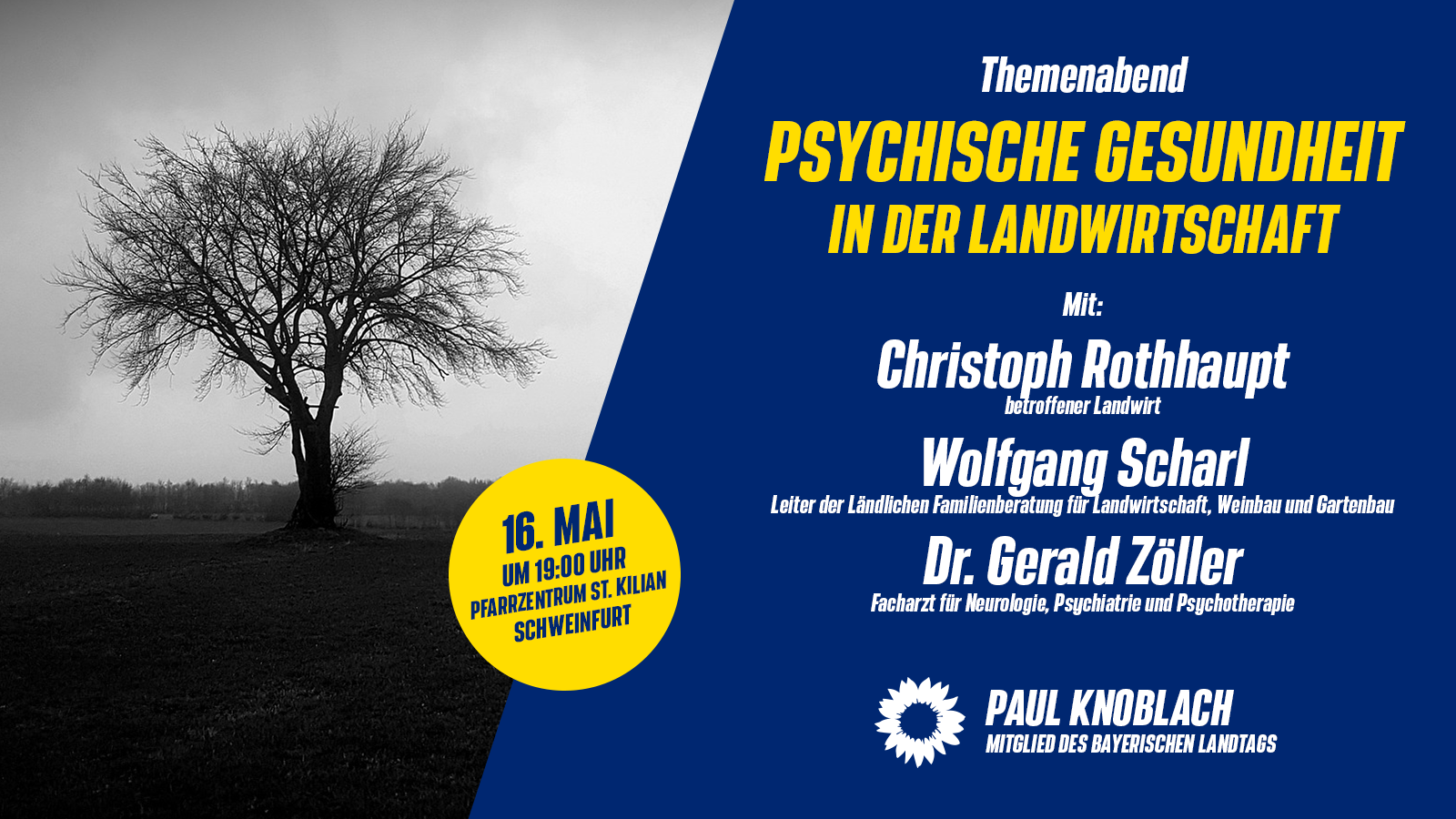 Veranstaltung: Psychische Gesundheit in der Landwirtschaft am 16.05. um 19:00 Uhr im Pfarrzentrum St. Kilian in Schweinfurt.