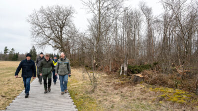 Unterwegs im Schwarzen Moor (von links) MdL Paul Knoblach, Thomas Keller (Regierung von Unterfranken), Heiko Stölzner (Bayerische Staatsfrosten), Birgit Imhof (Wasserwirtschaftsamt Bad Kissingen) und Oliver Kröner (Landwirtschaftsamt Bad Neustadt).